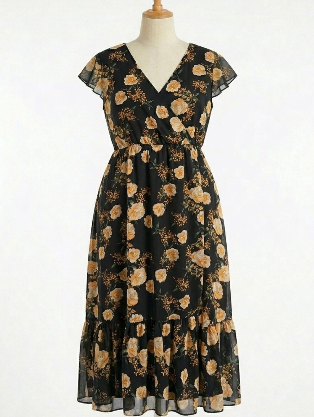 Always Indigo V-neck Maxi Dress 2X Ruffle Wrap Flutter Sleeve Black Tall Floral